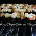 Shrimp, Teriyaki Chicken and Pineapple Kabobs.